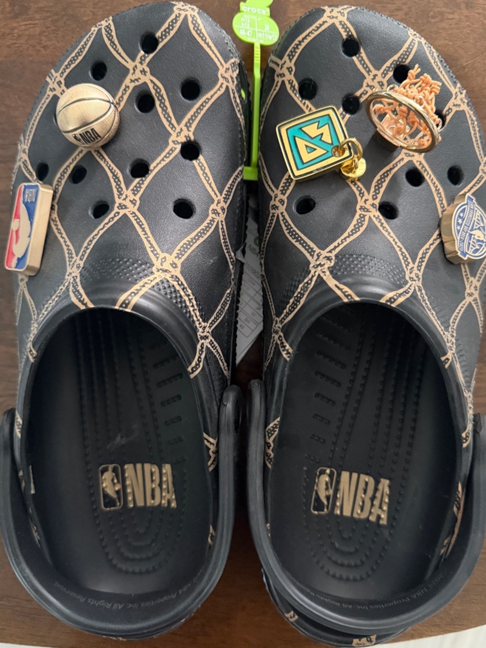NBA Black Clog Shoes with Tan Chain Pattern and Charms